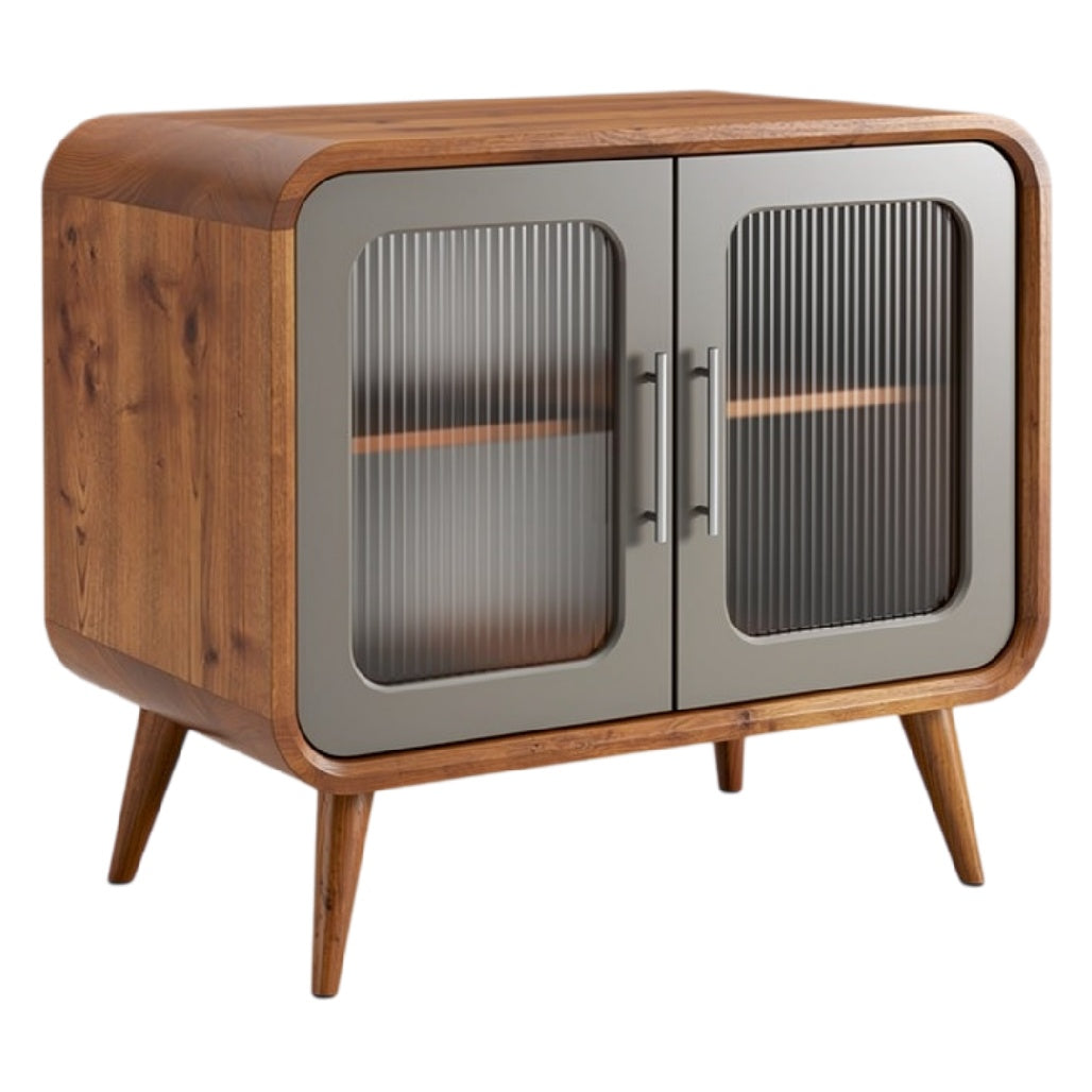 **Minimalistisch Houten Kast met Glazen Deuren en Retro Poten**